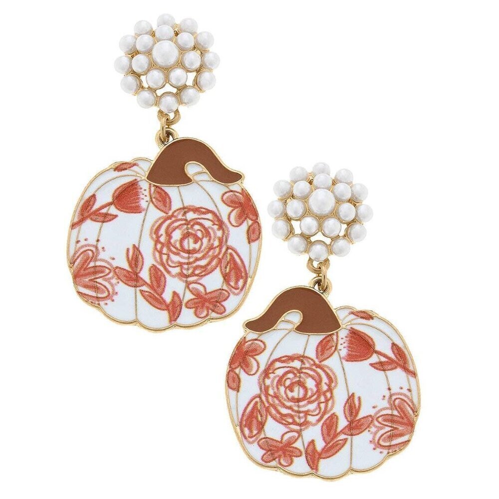 Cs X For Petes Sake Pottery Enamel Floral Pumpkin Earrings 25$